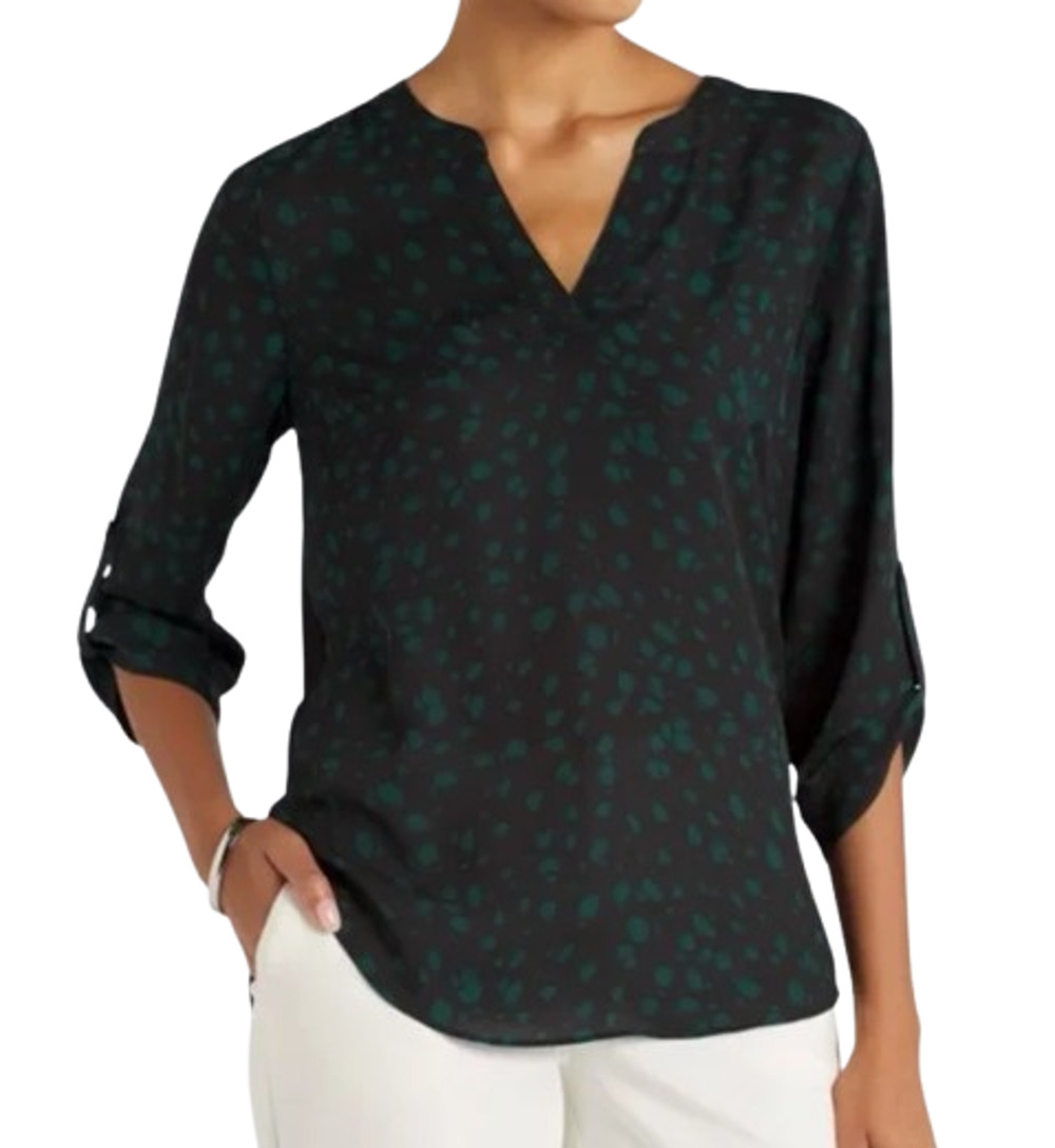 FORTUNE + IVY Womens Tulsa Mixed Material Blouse Small Black Green Abstract NWOT